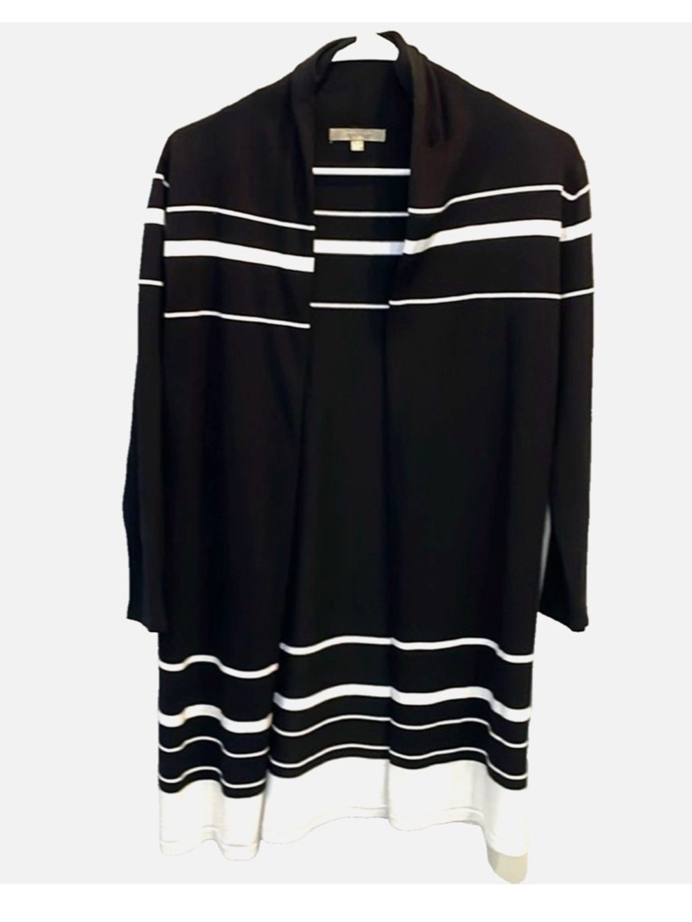 Joan Vass Black White Striped Open Front Cardigan Small Longline Knit Duster